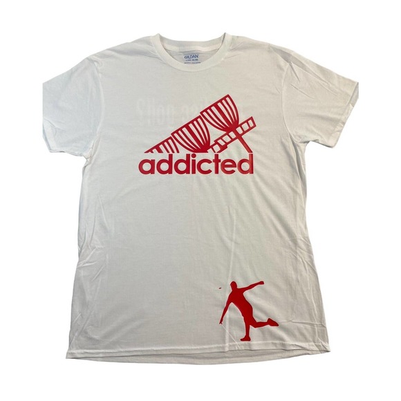 Disc Golf Shirt ADDICTED Basket Red Logo L Graphic T-Shirt Gildan White - Picture 1 of 10